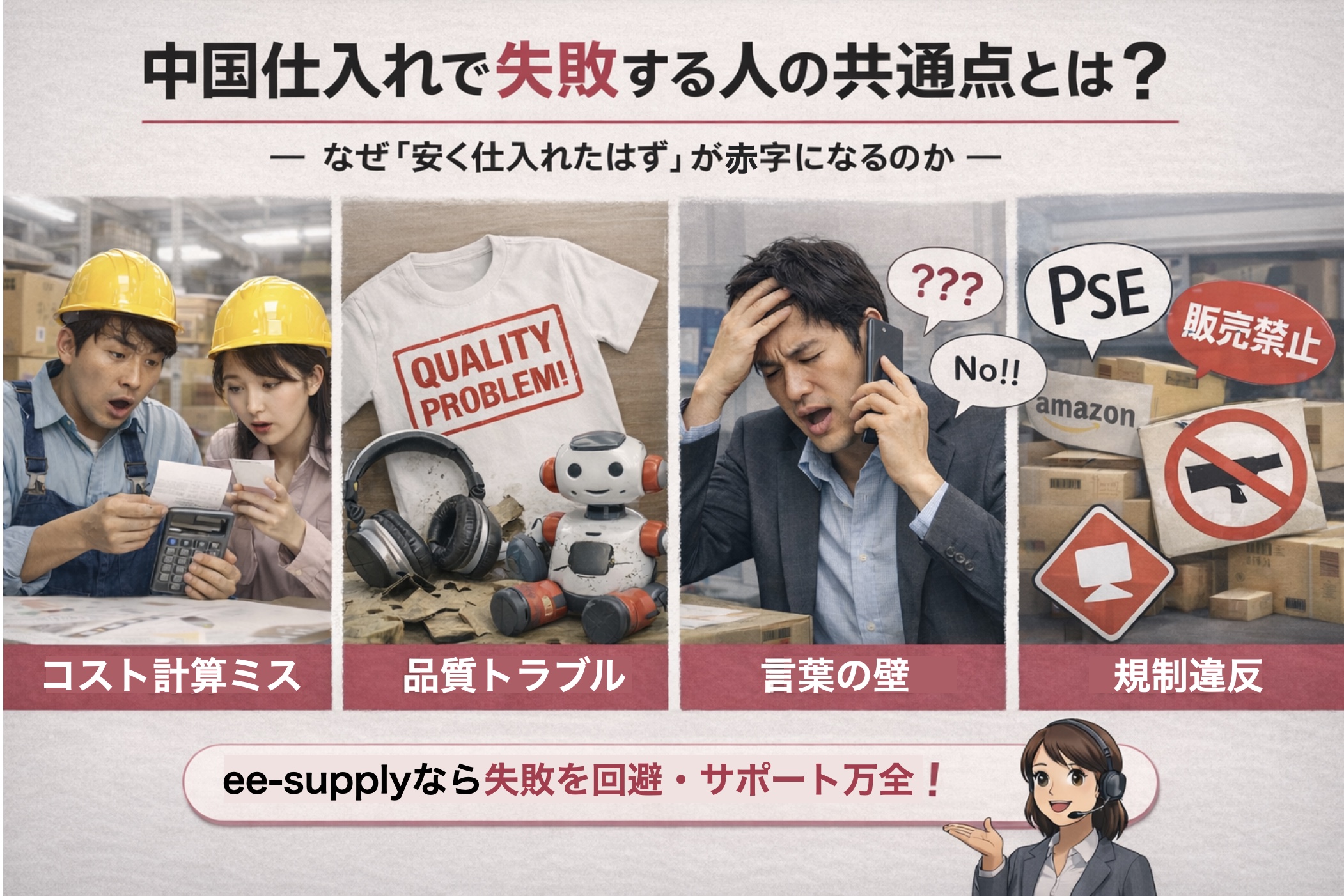中国仕入れは「原価を大きく下げられる」「OEM・ODMができる」など、多くのメリットがある一方で、 同じような理由で失敗する人が後を絶たないのも事実です。
実際、ee-supplyにお問い合わせいただくご相談内容を見てみても、失敗される方にはいくつかの共通点があります。
この記事では、中国仕入れで失敗する人の典型パターンと、それをどう回避すればいいのかを具体的に解説します。中国仕入れ代行　中国仕入れアパレル　中国仕入れアリババ	